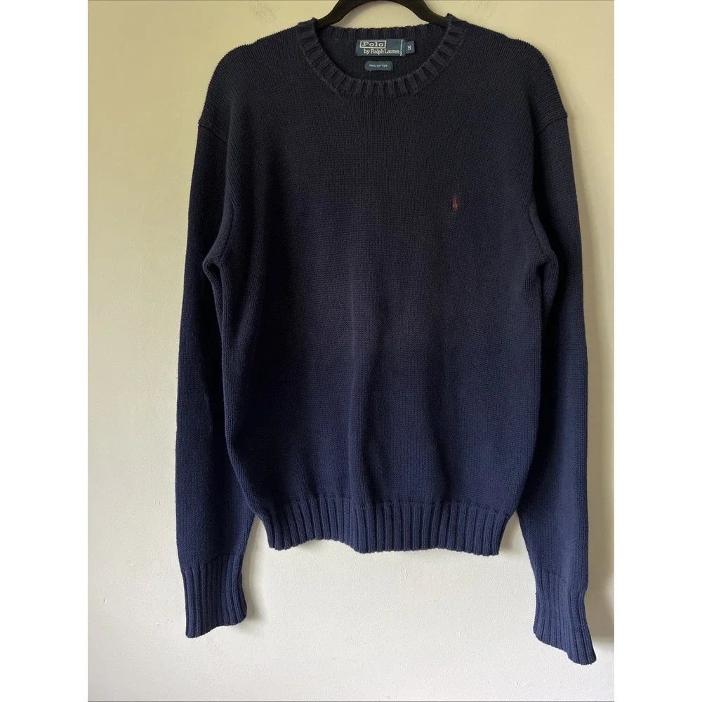 90's Vintage Polo Ralph Lauren Sweater Men's M Navy Blue Crewneck Cotton