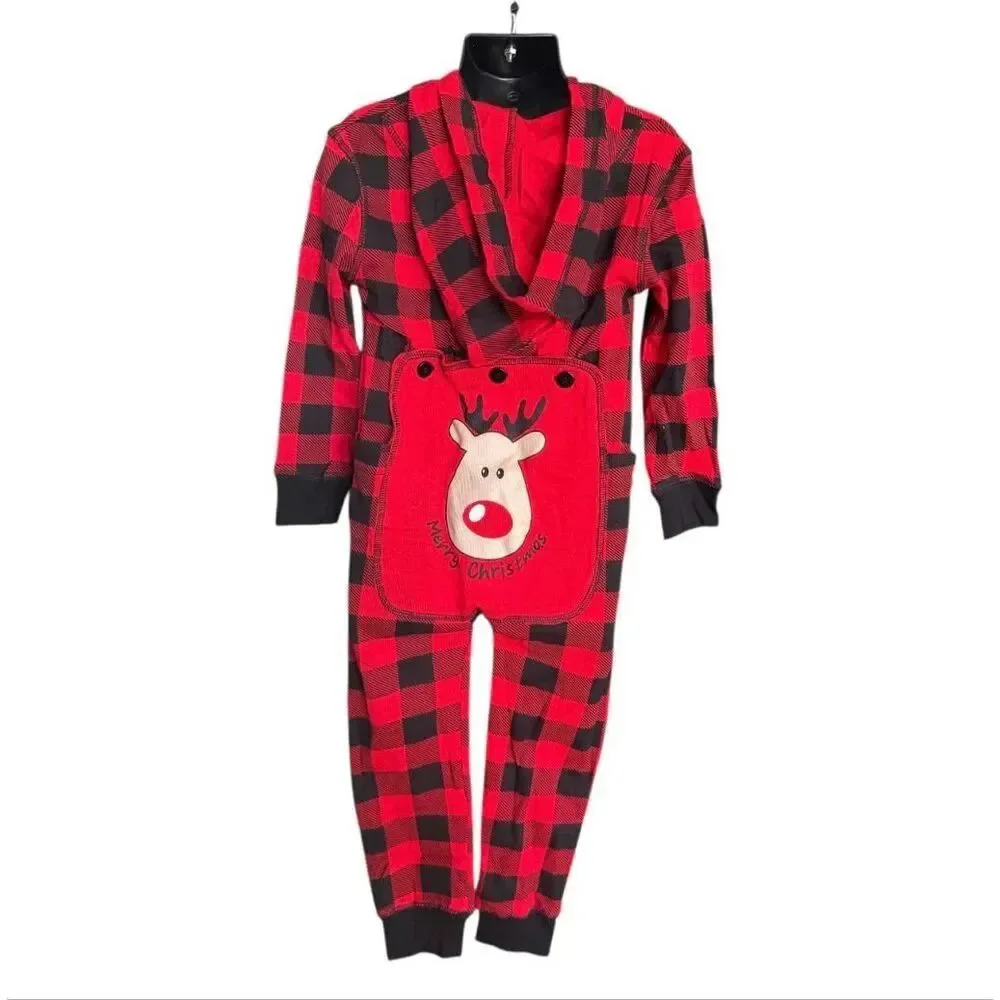 New Toddler Boys Boutique Buffalo Plaid Reindeer Hooded Coveralls Jumpsuit - 2