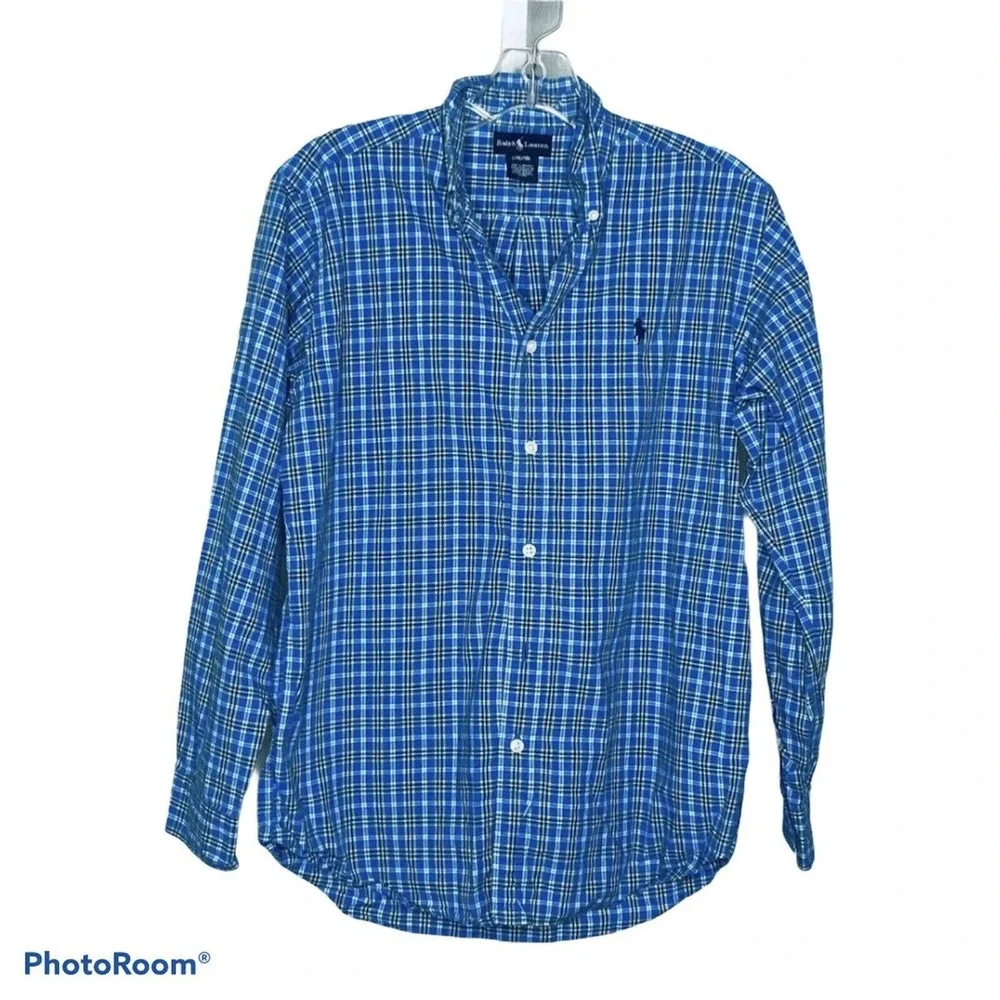 Ralph‎ Lauren Boy's Oxford Shirt Blue Plaid Collared Long Sleeve Size Large