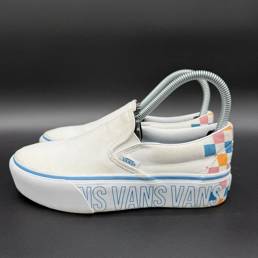 Vans Classic Slip-On Womens‎ Size 6 White Stitch Canvas Checkered Heel Shoes