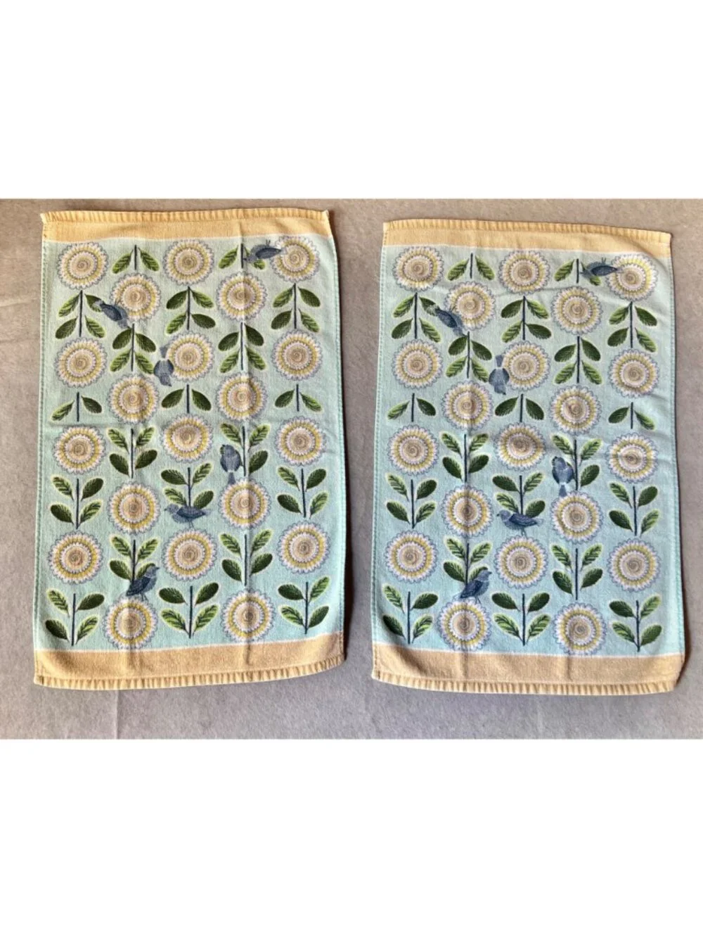 Floral & Bird Kitchen Tea Towels Terry 27.5x17 Set of 3 Yellow, Aqua Blue Green