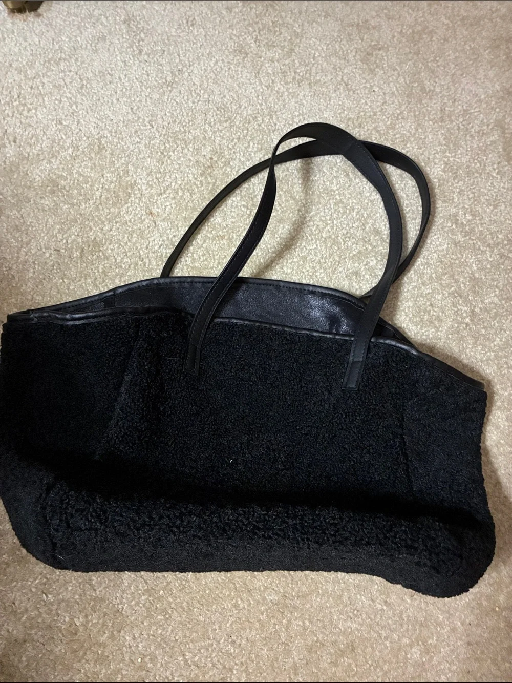 Black faux Sherpa Tote Bag with Leather Handles