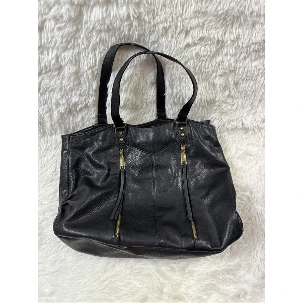 Juicy Couture Style‎ Black Faux Leather Tote Large Gold Zipper Shoulder Bag