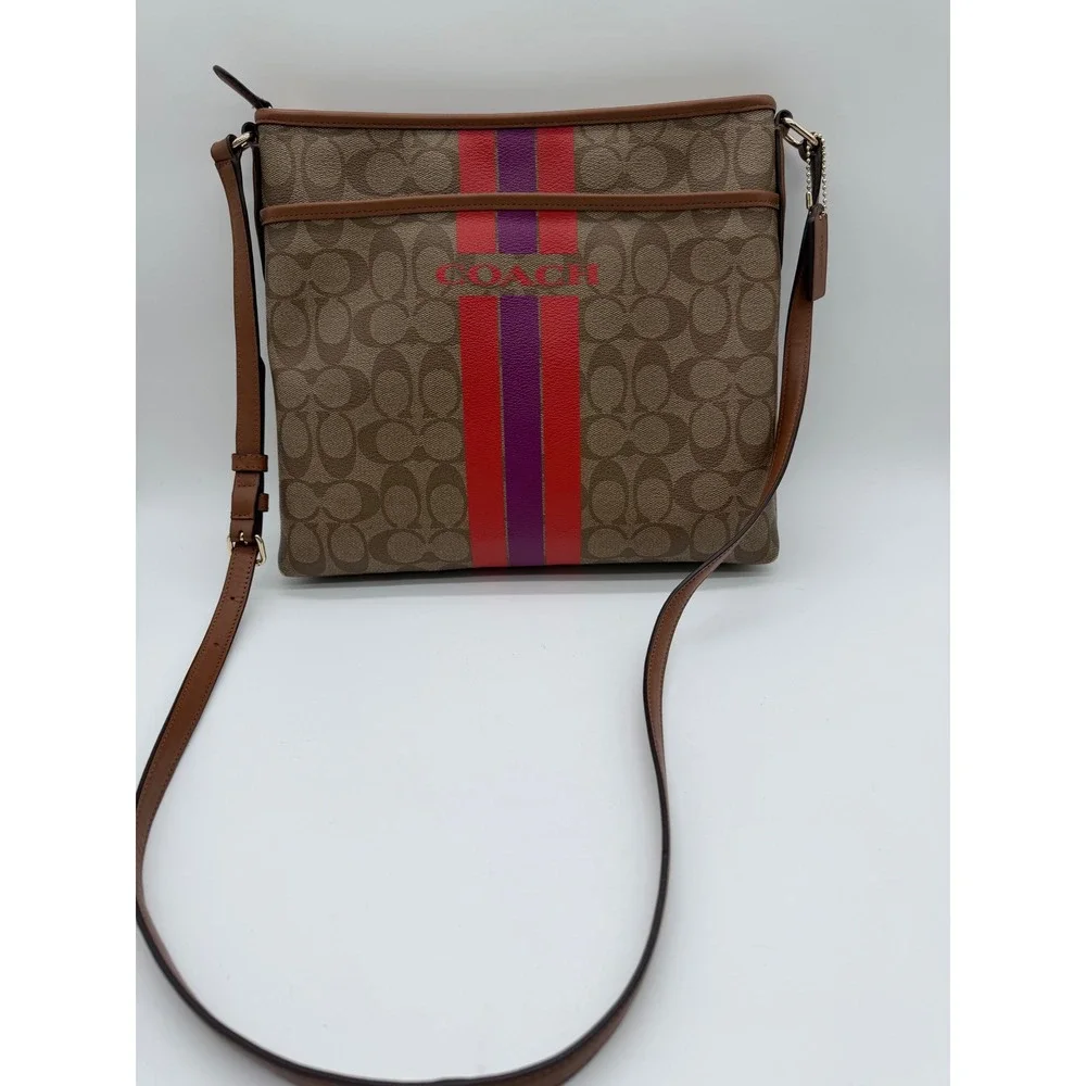 Coach Rowan File Bag Signature Canvas Varsity Stripe Brown Red Purple‎ Crossbody