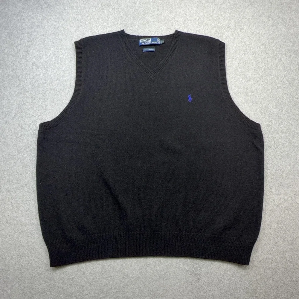 Polo Ralph Lauren Sweater Vest Mens XXL Black Lambswool V Neck Hong Kong Pony