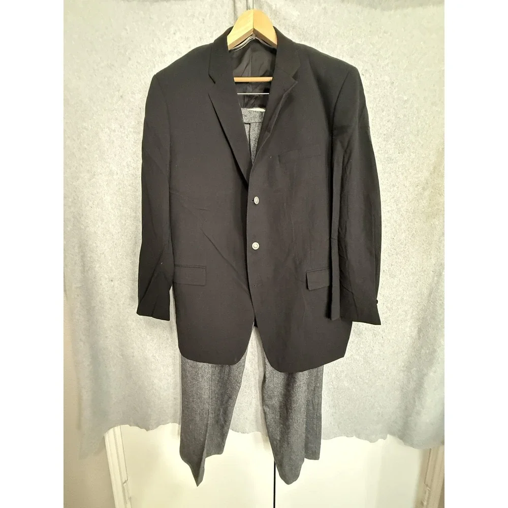 Calvin Klein Suit Mens 48L 42x34‎ Black Gray Wool 2 Piece Jacket Pants Classic