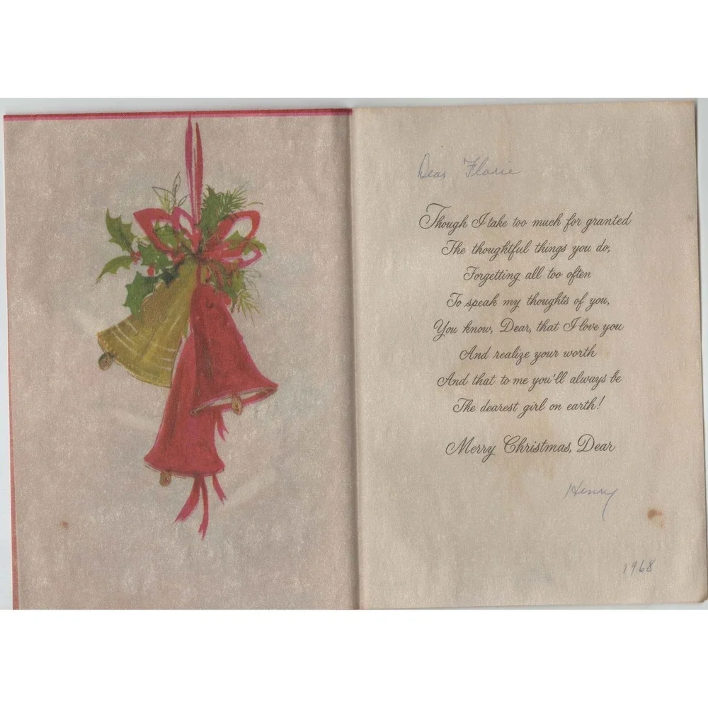 Vintage 1968 Hallmark Christmas Card To My Wife Holly Bells Used