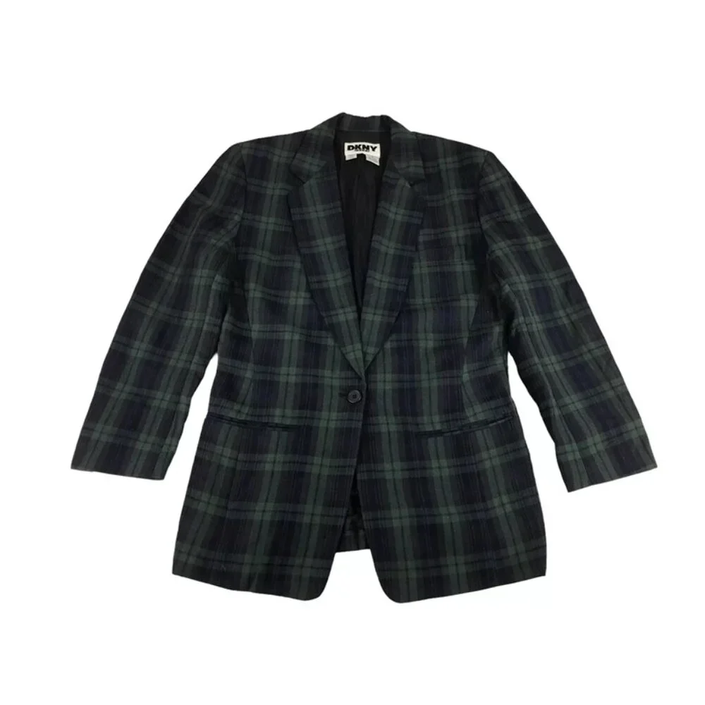 Dkny Jeans Mens Blue Green Plaid Long Sleeve Notch Collar‎ Blazer Jacket Size 4