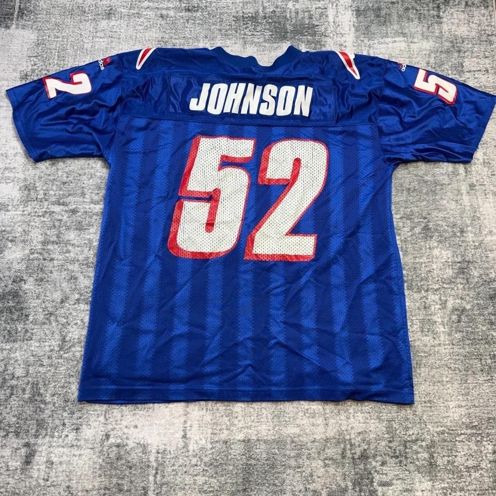 VTG New England Patriots Ted Johnson Jersey Mens XL Adidas Royal Blue Striped 52