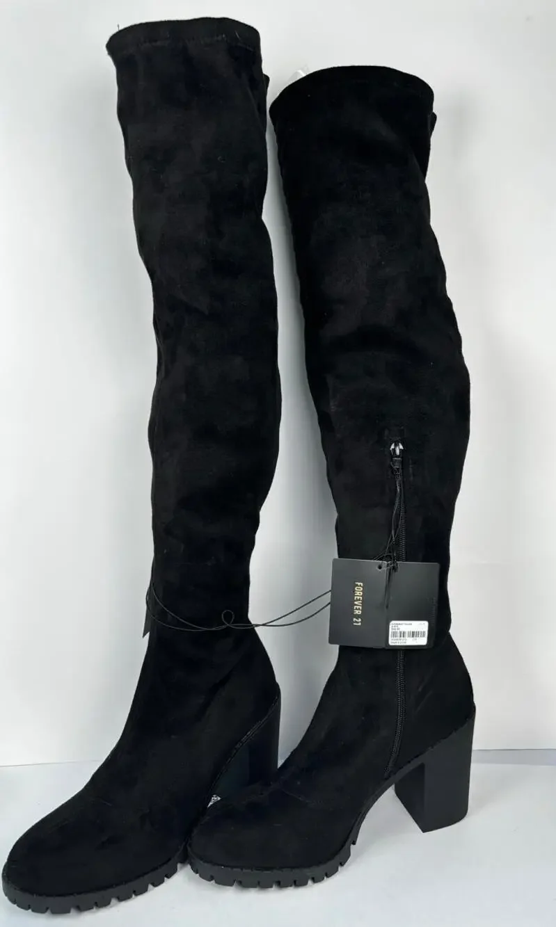 Forever 21 Womens Boots Sz 10 Over Knee Black Faux Suede 4 inch Chunky Heel NWT