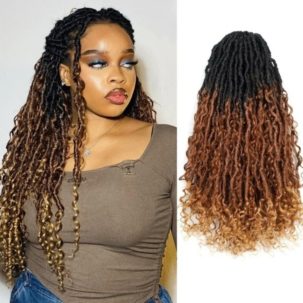 24” Ombre Brown Boho Synthetic Locs with Human Hair Curls 8 Pks‎ Pre-Looped #QC2