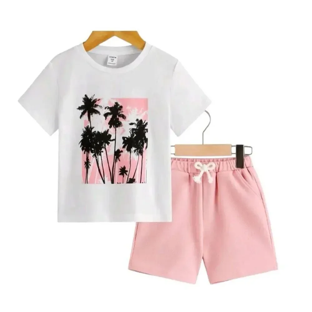 New Shein Youth Boys Tropical Print Graphic Tee & Drawstring Shorts Outfit Sz 7