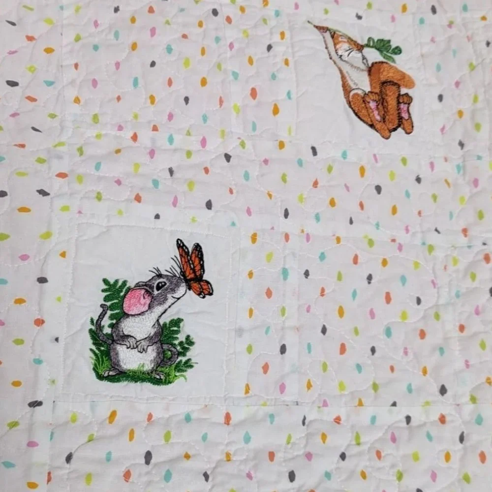 37x40 Baby Quilt Lap Blanket white orange embroidered woodland creatures cottage