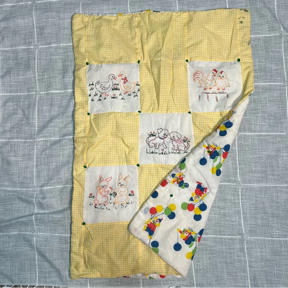 Vintage Baby Blanket Farm‎ Animals Clowns Quilt 80s 90s Baby Quilt