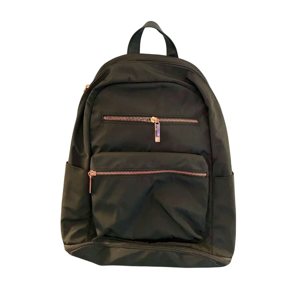 Moda Luxe Dome Backpack‎ Womens Black Rose Gold Hardware Minimalist Travel Purse