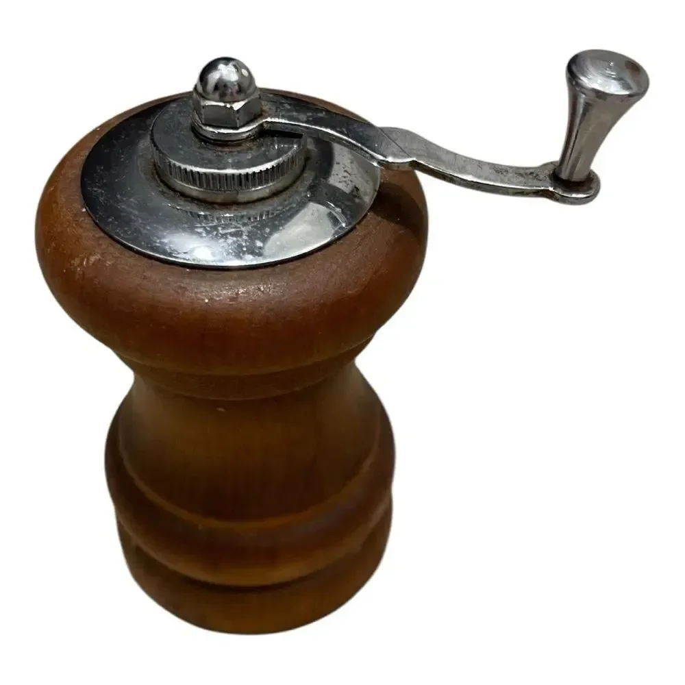 Vintage Small Wooden Pepper Mill with Silver Accents MCM
