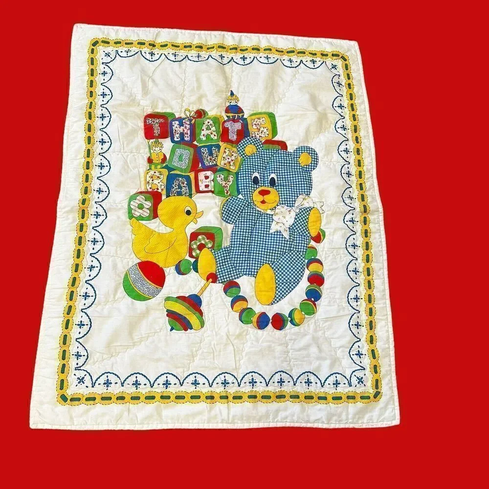 Vintage Teddy Bear Duck Baby Blanket That's Our Baby White‎ Primary Colors Crib