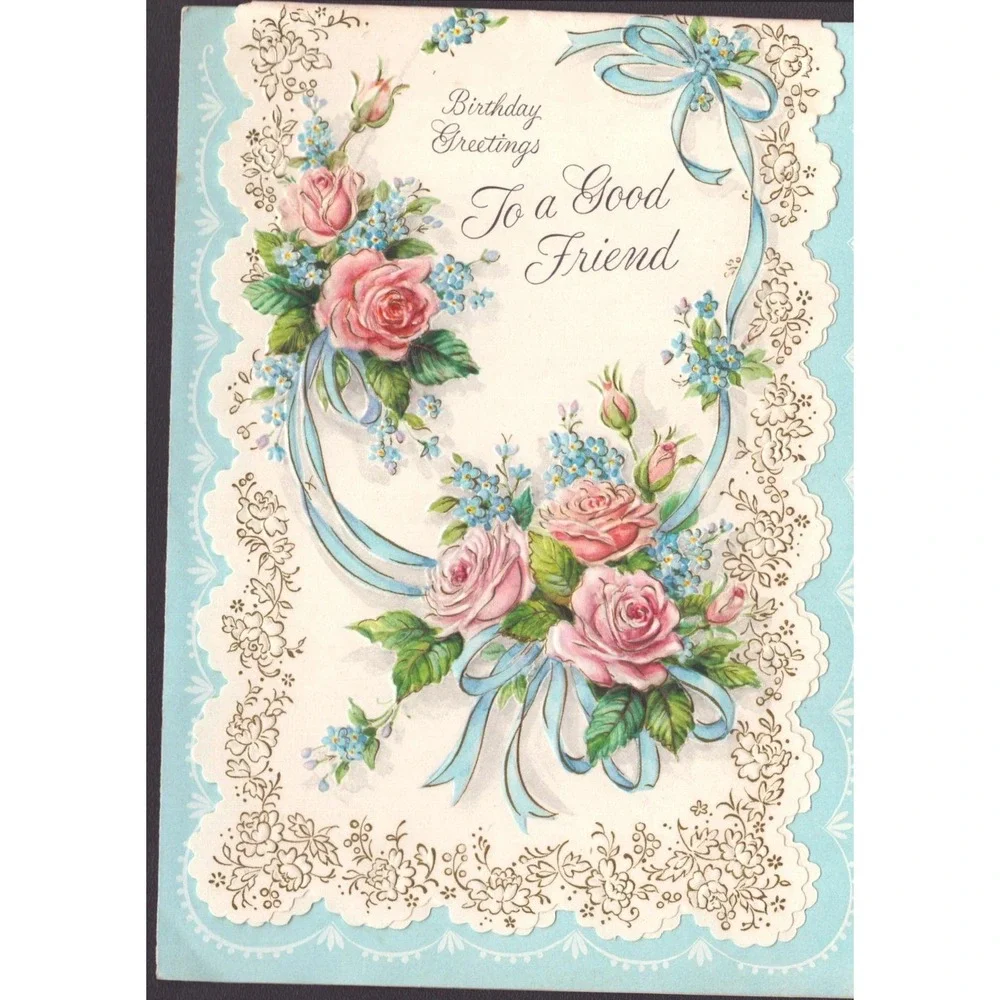 Vintage 1960s Birthday Greeting Card To A Good Friend Pink Roses Scalloped