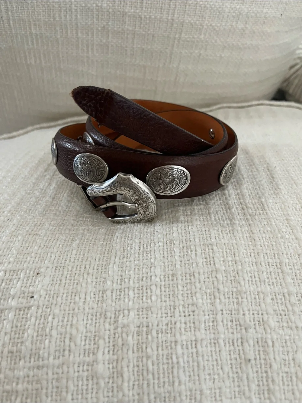 Vintage Martin Dingman Calfskin Leather Concho Belt Brown Silver Western USA