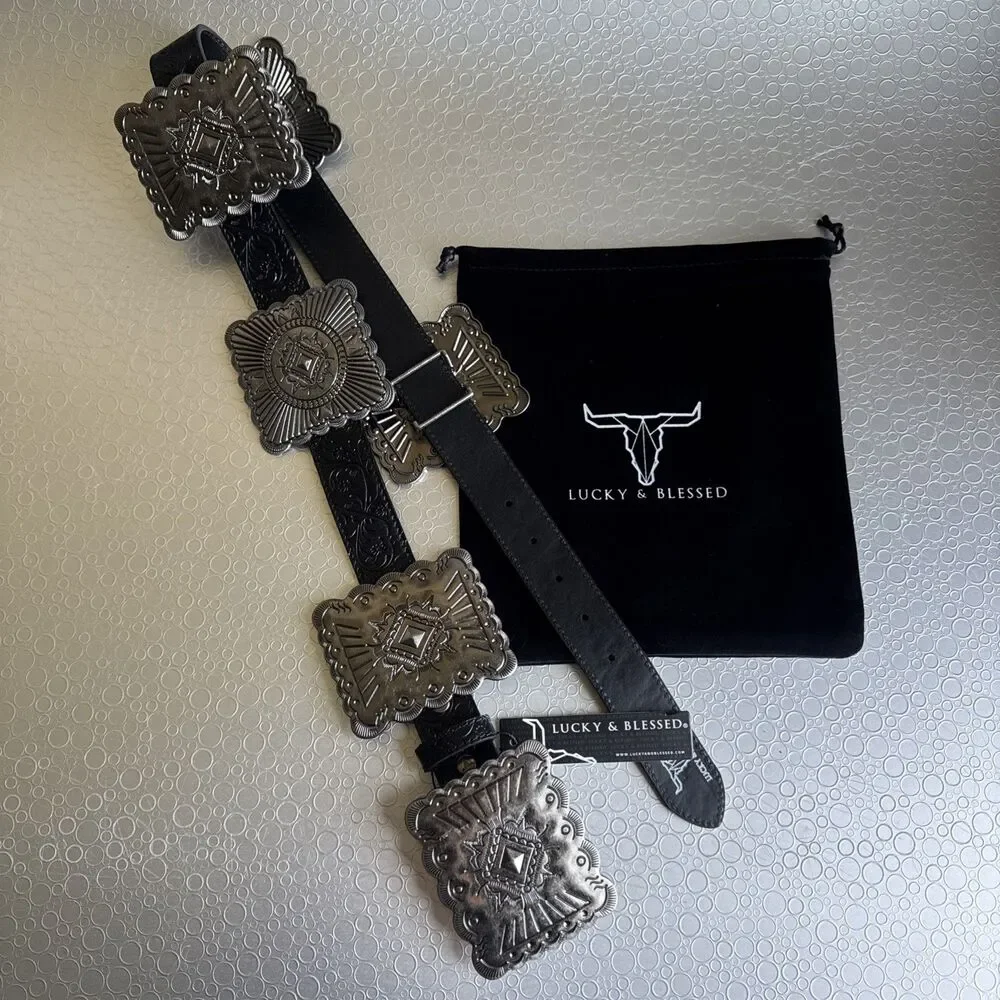 New Lucky & Blessed Black Embossed Concho Belt - Size S Runs Bigger Dust Bag