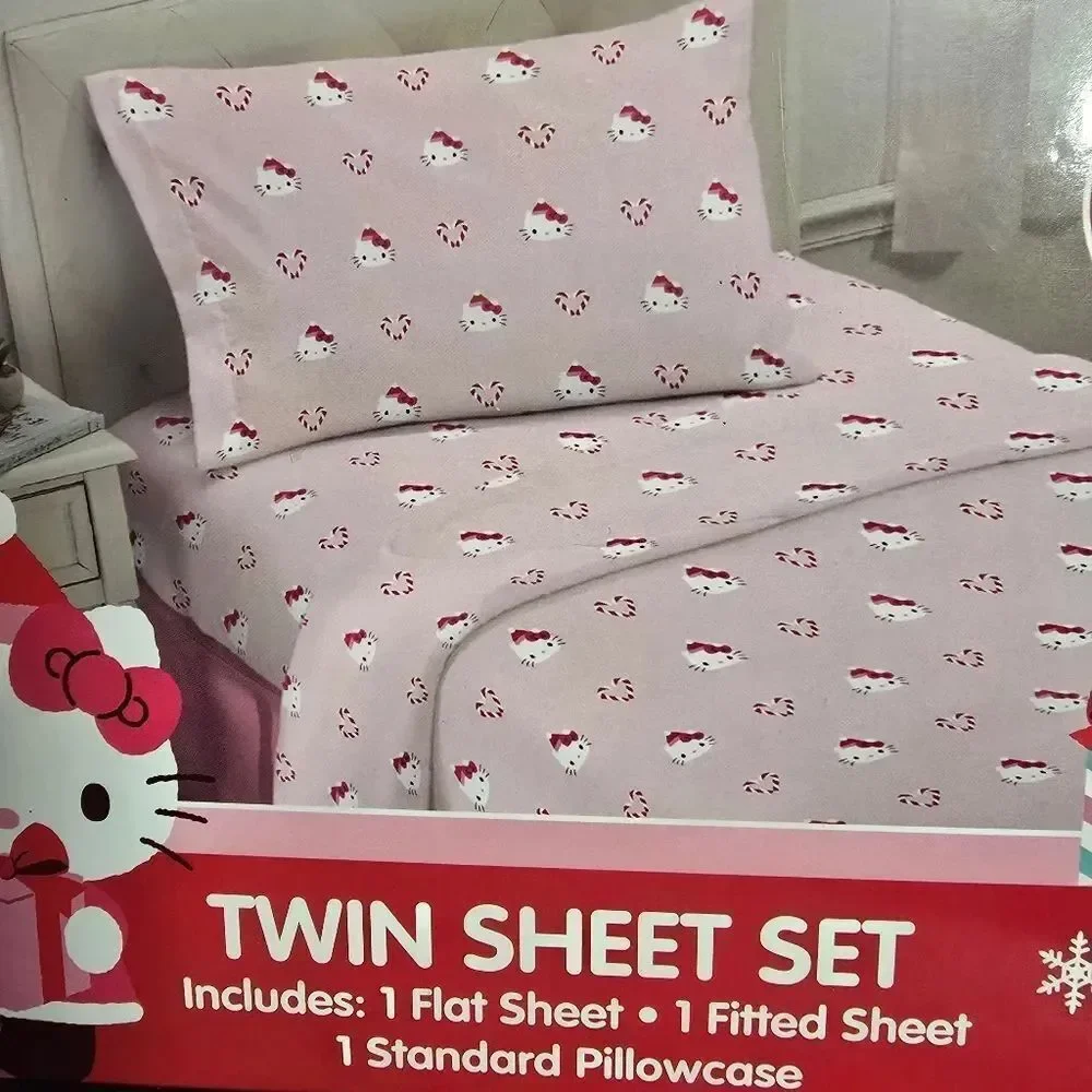 New Hello Kitty Candy Cane Christmas Love Kids Pink Twin Sheet Set
