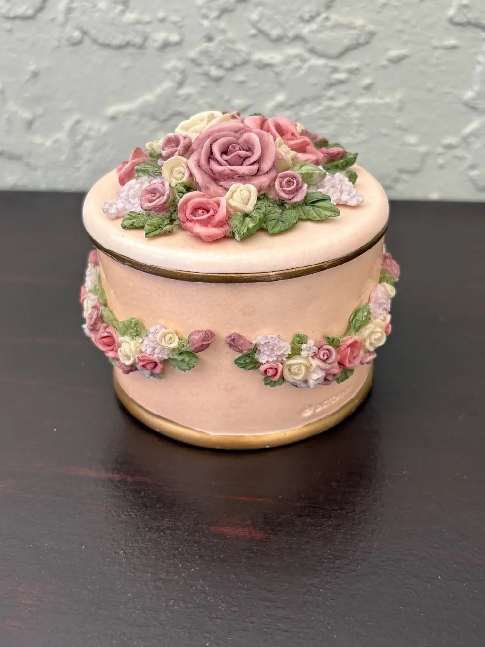 Dezine Hand Painted Decorative Floral Trinket Box - Pink, Cream & Green Roses