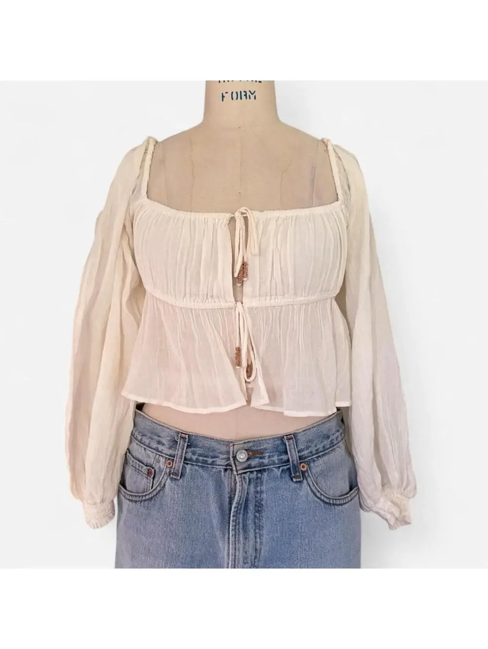 Free People Gauze Square Neck Peplum Blouse in Cream