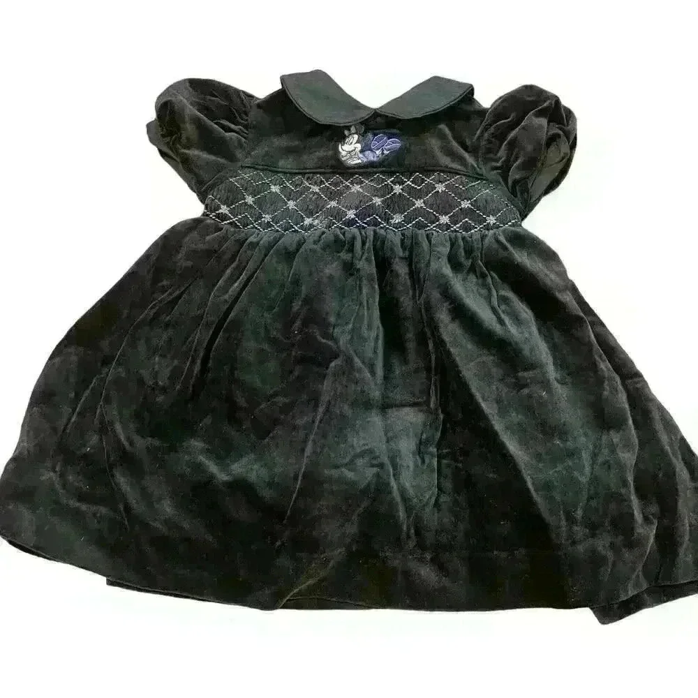 Disney Smocked Velvet Minnie Embroidered Girl’s Dress Size 18 Months Navy Purple
