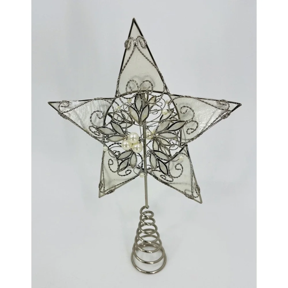 Capiz Shell Silver Star Christmas Tree Topper with Faux Pearls and‎ Scrolls