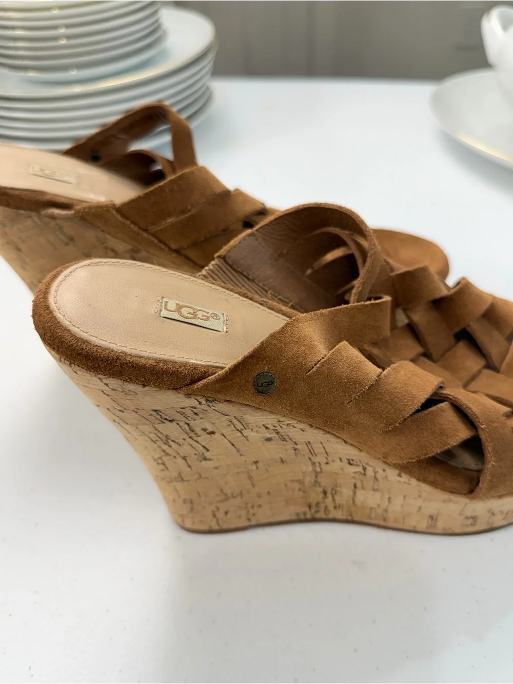 UGG Marta Chestnut Suede Woven Cork Wedge Sandals Women’s Size 10