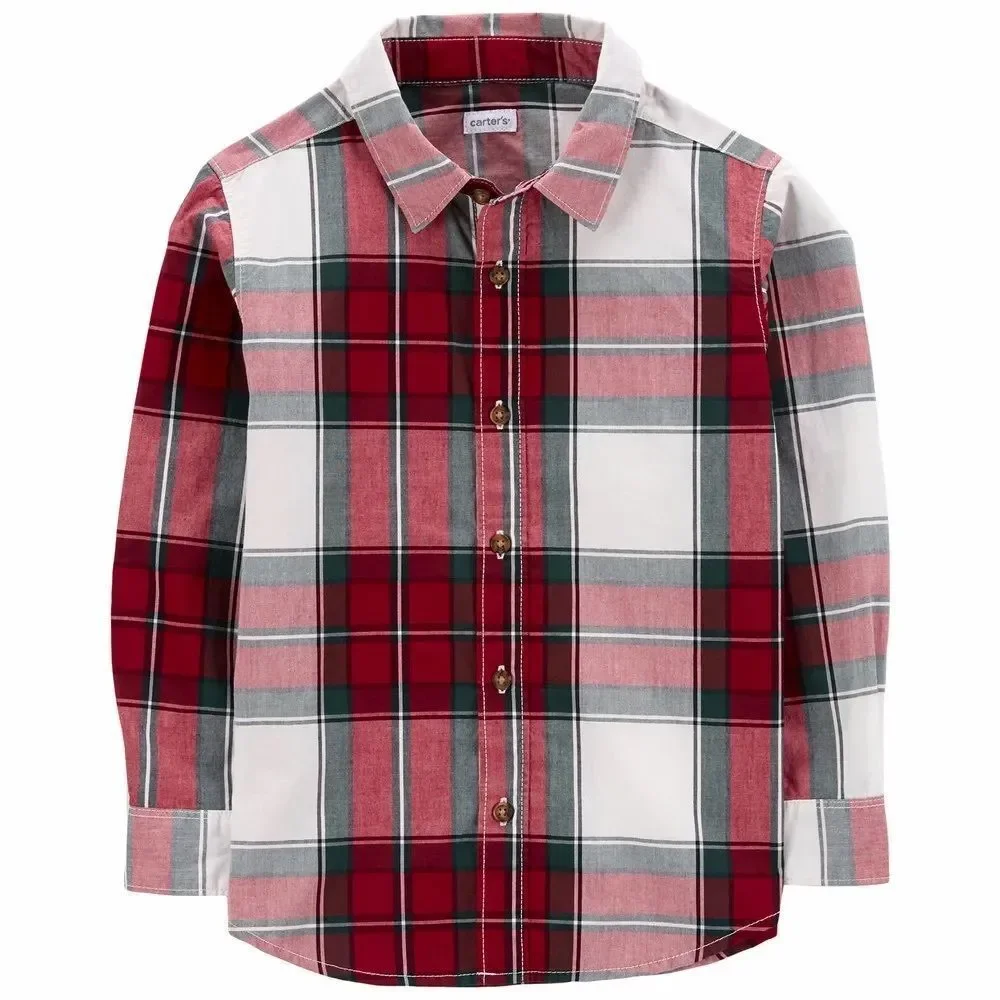 Carter’s Boys Kids Long Sleeve Festive Plaid Button Front Collared Shirt. 8.