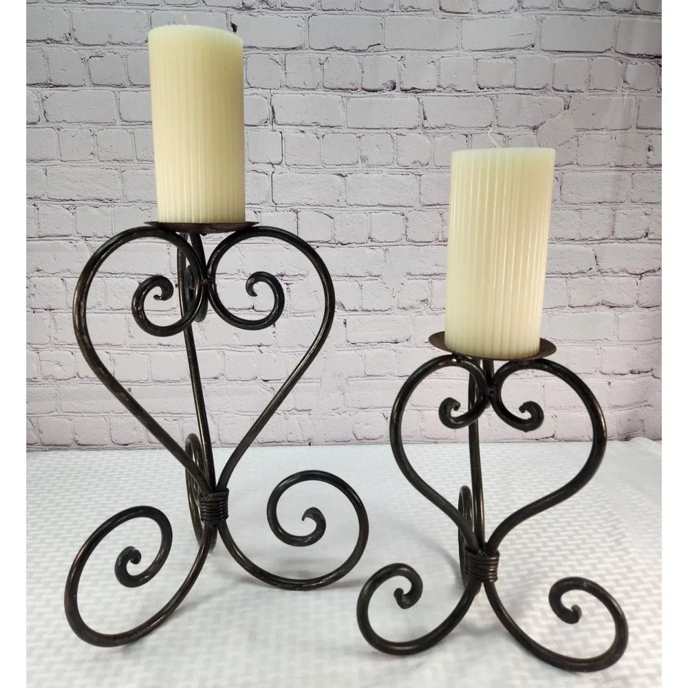 Wrought Iron Pillar Candle Holders Set Candlestick Scroll Design‎ Rustic Vintage