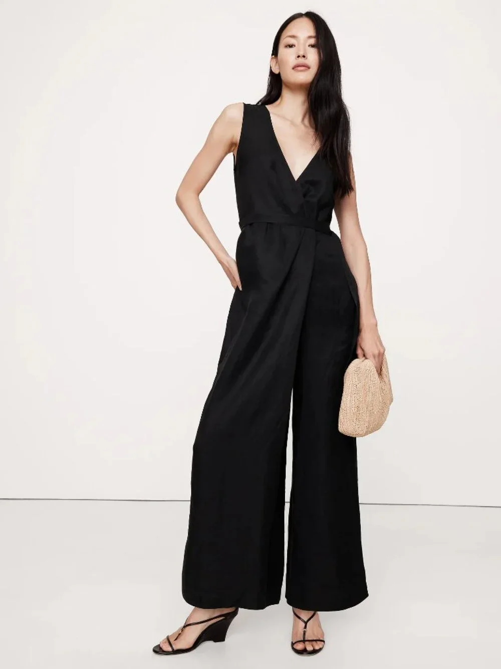 NWT Banana Republic Black Linen-Viscose Wide-Leg Wrap-Front Jumpsuit L