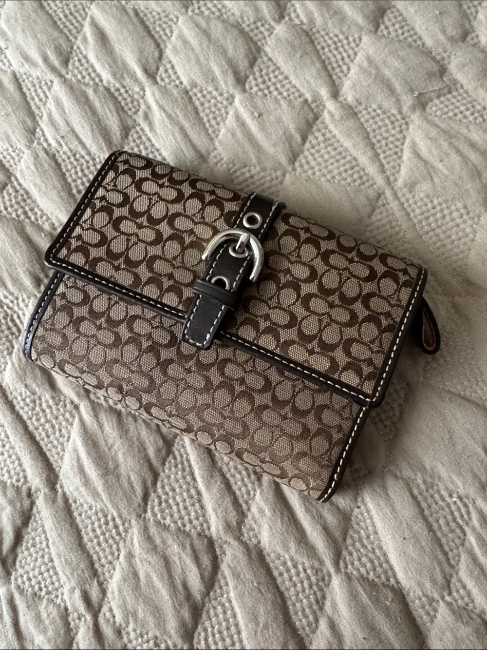 Coach Brown Signature Canvas Wallet with Dark Brown Trim and Silver Buckle