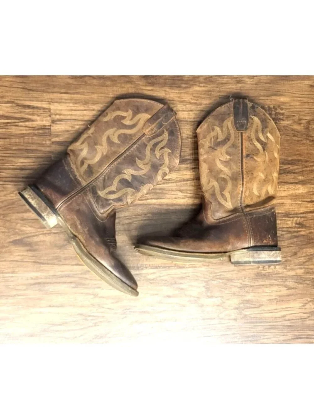 Youth Old West Brown Square Toe Leather Boots SZ 4.5 Classic Western Cowboy