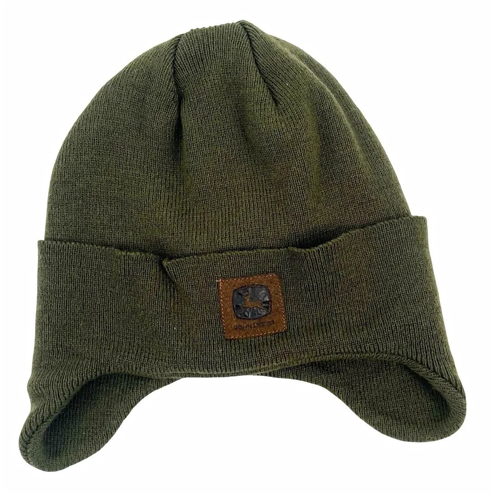 John Deere Olive Green Ear Flap Beanie Knit Winter Hat Logo Patch Workwear