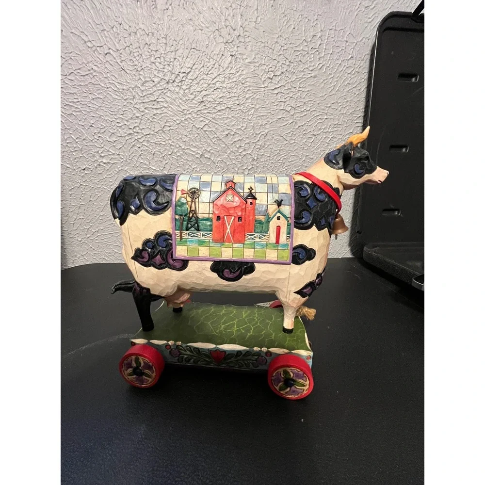 Jim Shore Heartwood Creek Bell Cow Figurine 4008182 Pull Toy 2007 Enesco 9x6