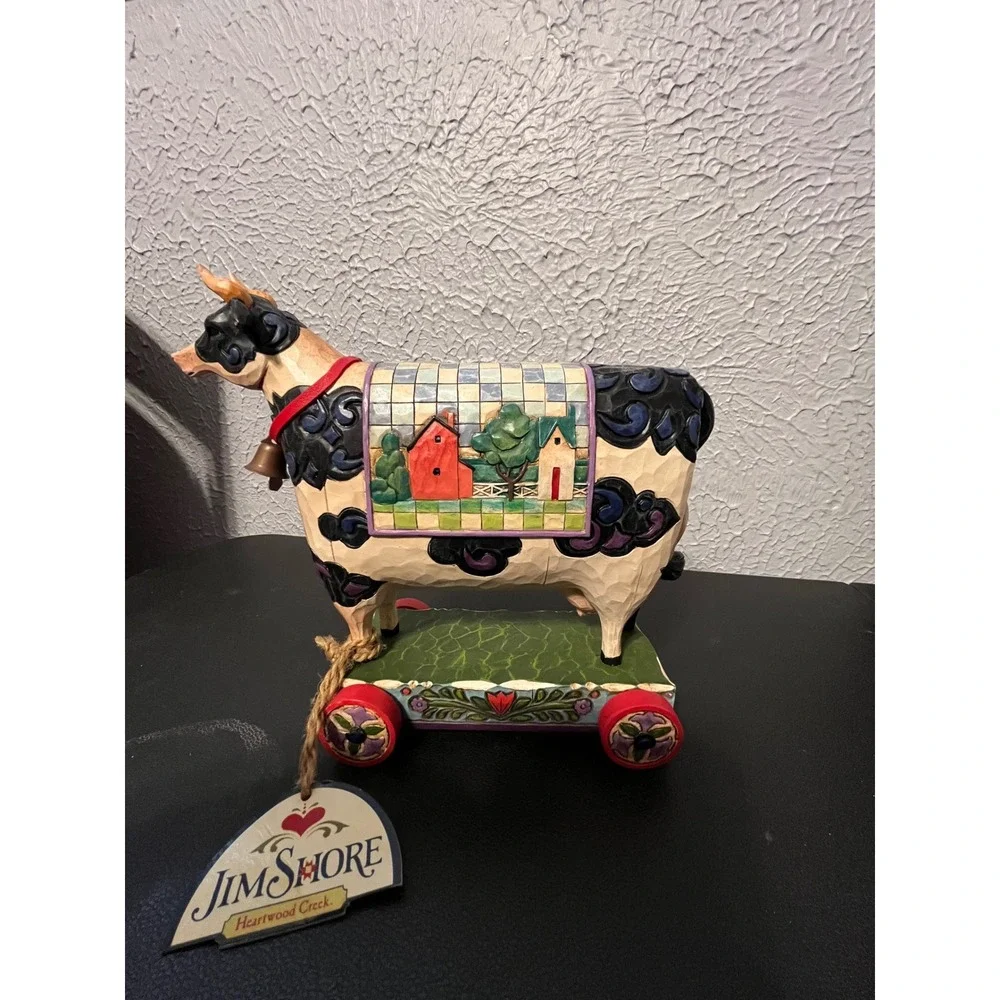 Jim Shore Heartwood Creek Bell Cow Figurine 4008182 Pull Toy 2007 Enesco 9x6