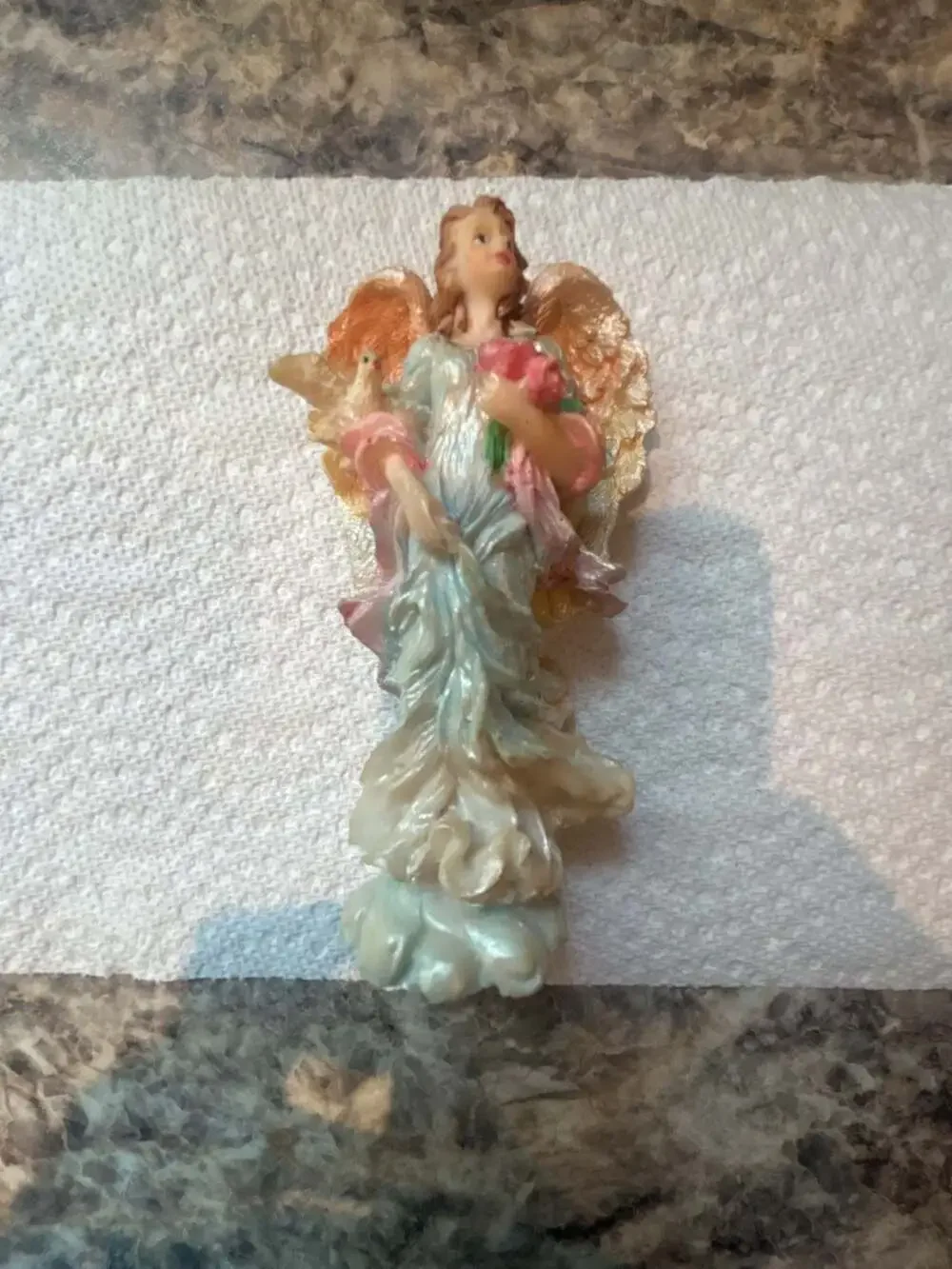 Vintage Resin Angel Figurine Holding Flowers and Dove 6 Inch