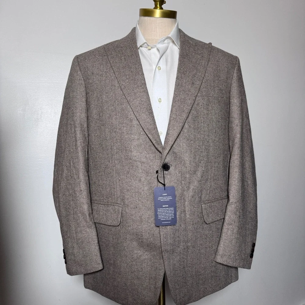 Bespoke Sport Coat‎ Mens 44R Brown Herringbone Wool Two Button Blazer