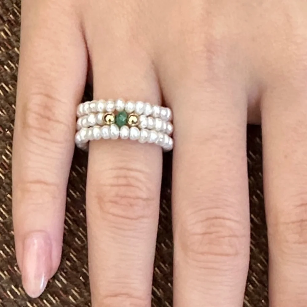 Emerald Gem freshwater Pearls real Gold Triple Band Ring with Green Accent​