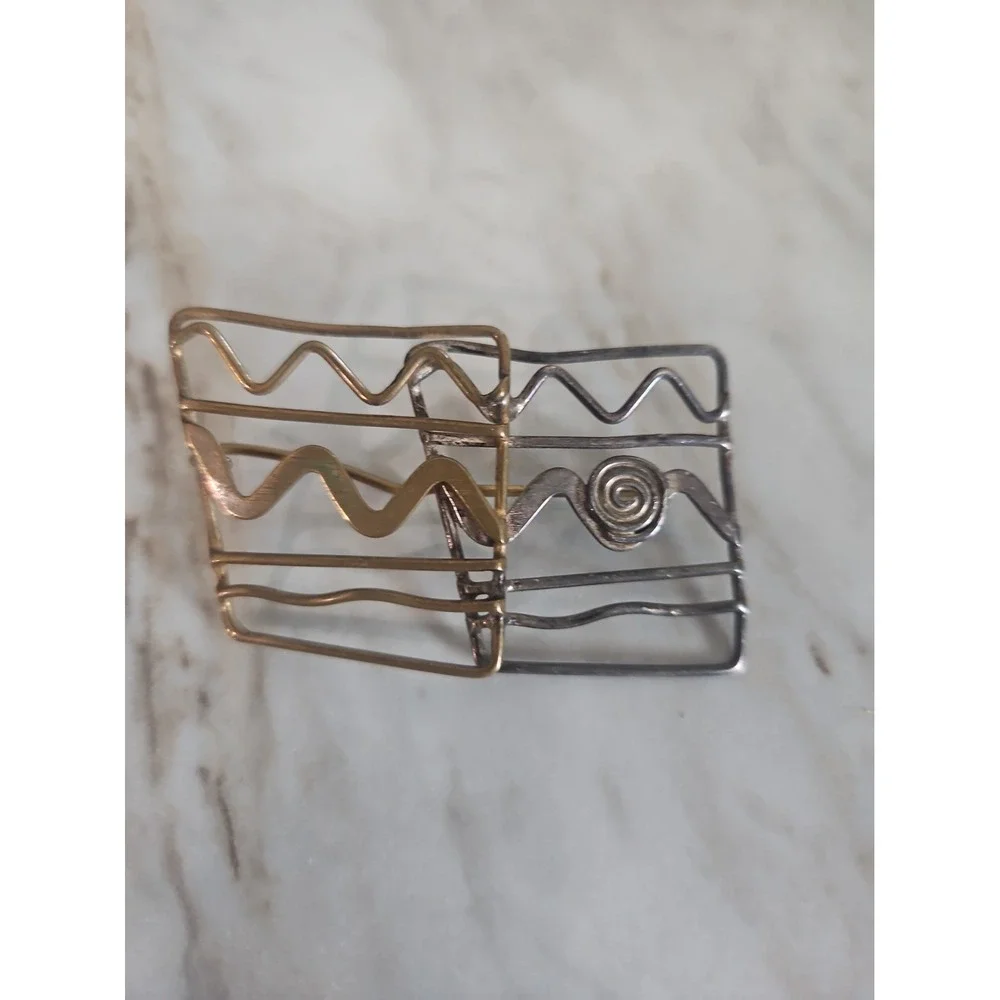 Handmade Bent Metal Swirl Twisted Brooch 2 Tone Gold Silver Tone