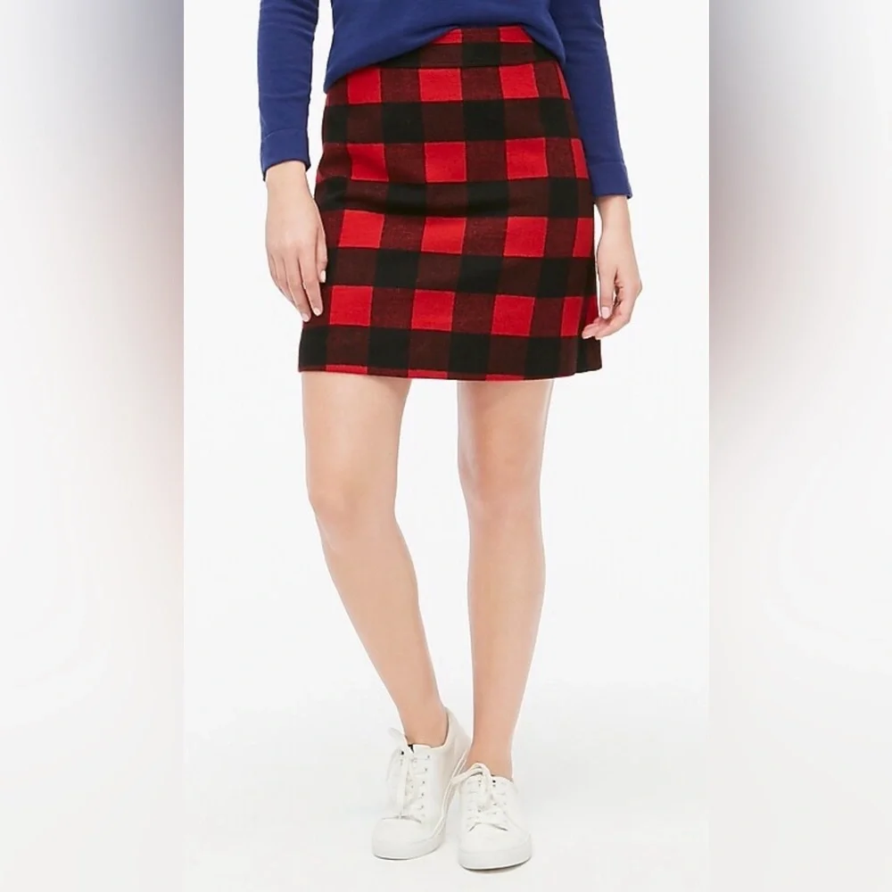 J. Crew Wool Blend A-Line Skirt Plaid Red Black Size 8 Preppy Academia Lined