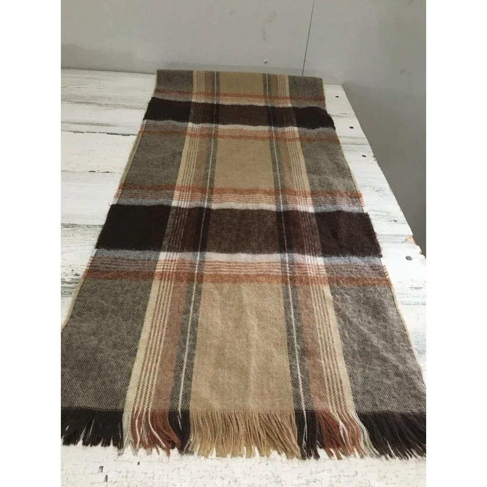 Brown tan cream plaid 11”x52” scarf with fringe