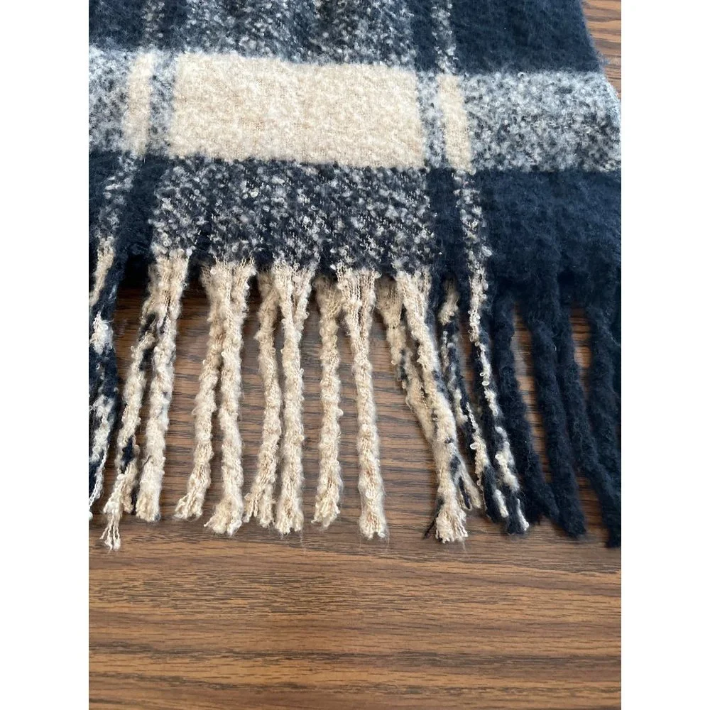 Tan black plaid scarf with fringe