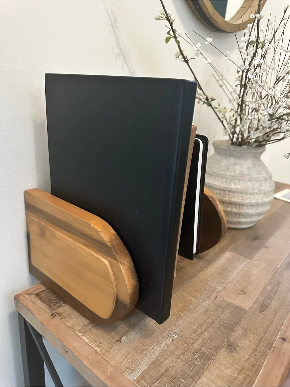 Vintage Wooden Desktop Media Bookend and Organizer - Natural Brown 11.5” Wide