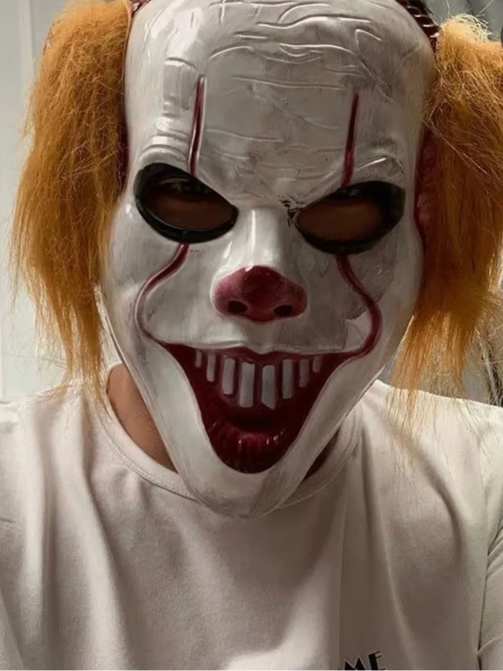 Evil Clown Costume Mask with Orange Hair - White and Red