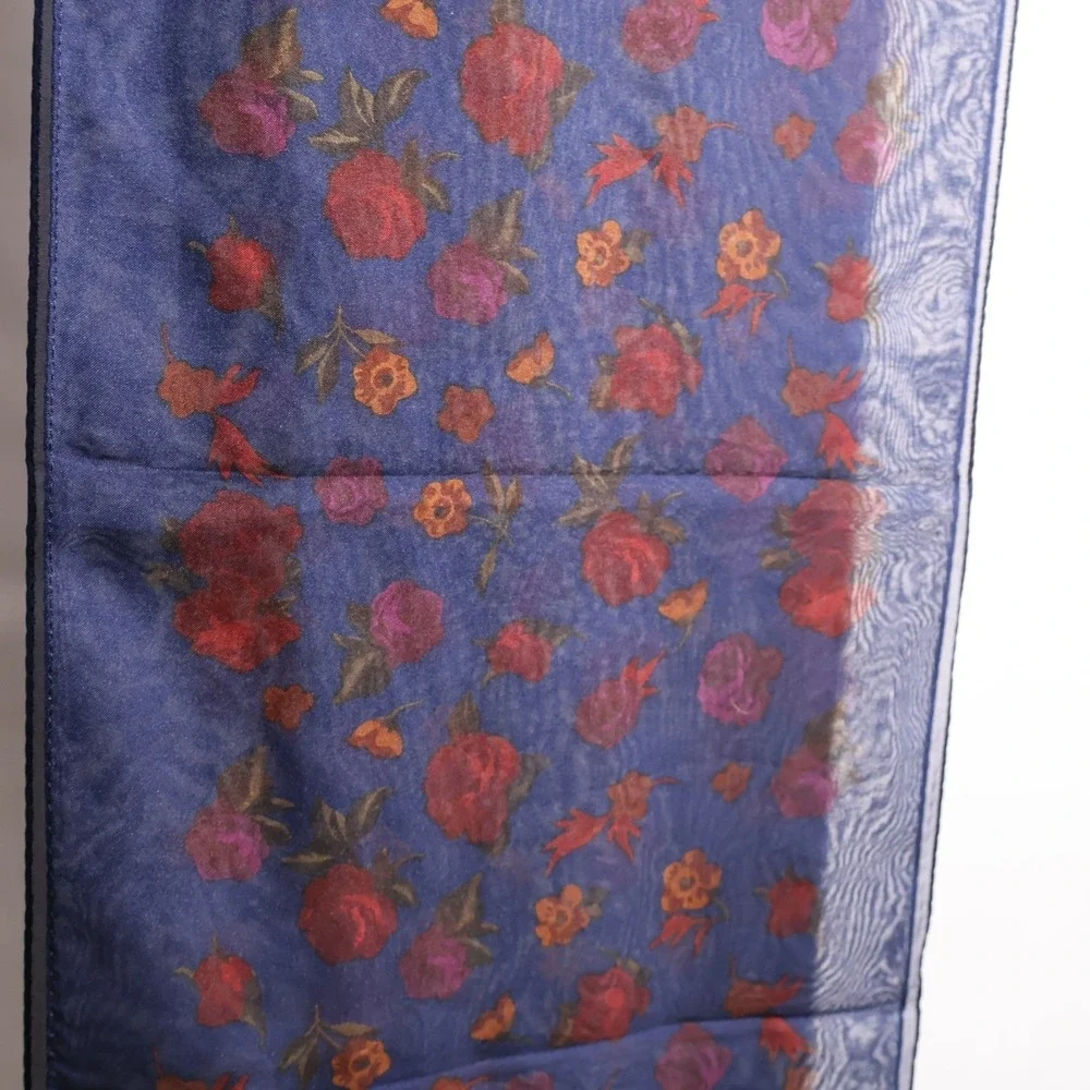 VTG Navy Blue Sheer Floral Rectangle Scarf Red Orange Rose‎ Print Dark Romantic