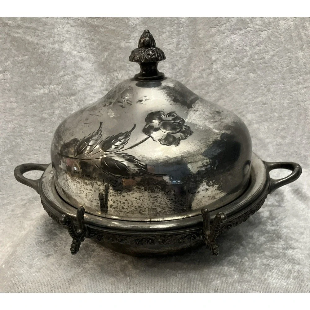 Vintage Webster Silver Plated Butter Dish Cover Handles Raised Etched Rose 645