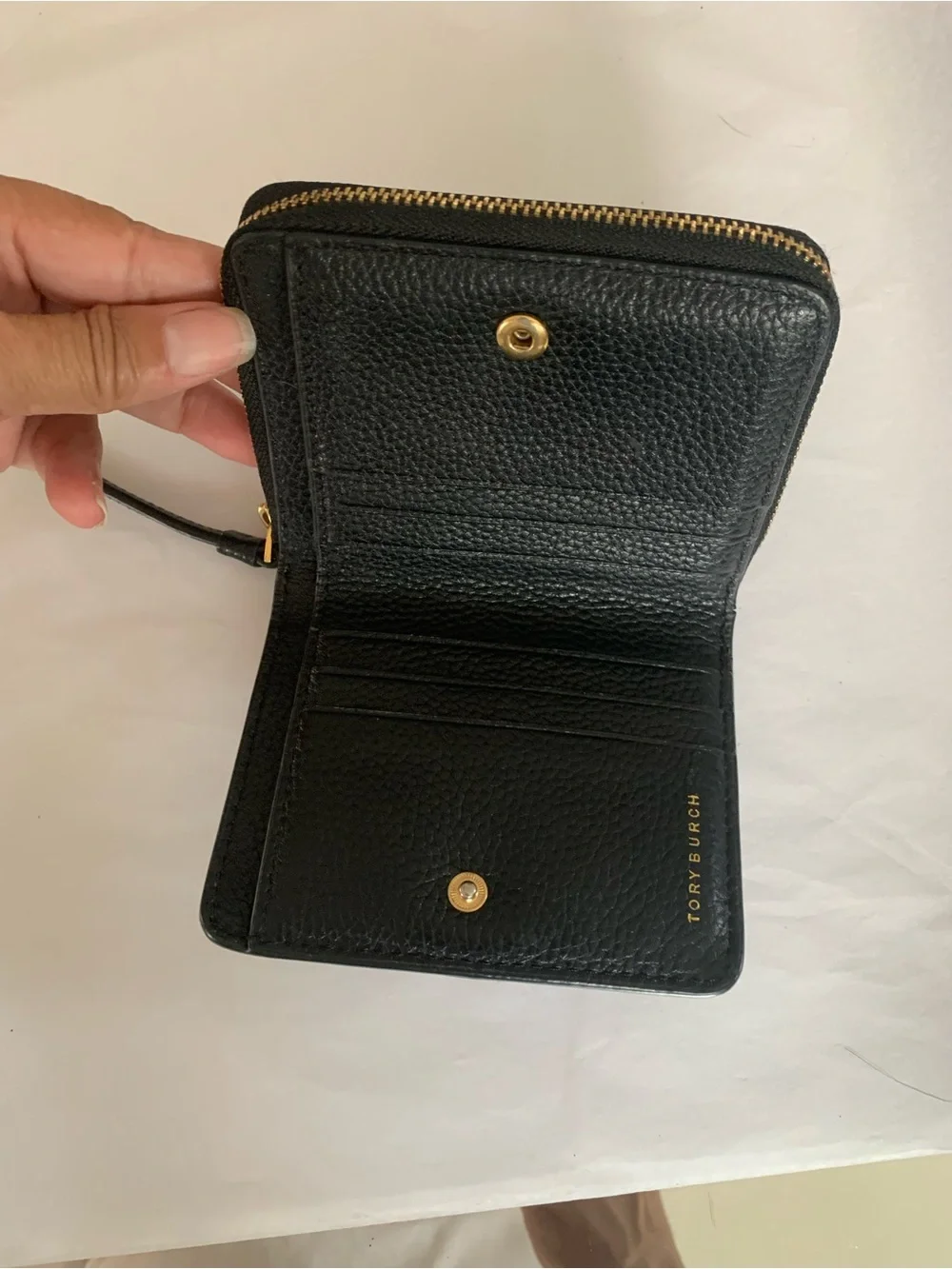 Tory Burch Black Pebbled Leather Zip Card Case with Logo
